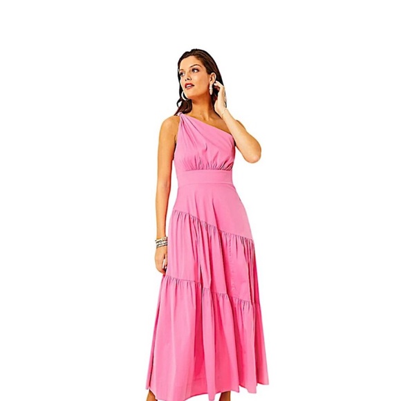 Lilly Pulitzer Lucilyn One Shoulder Midi Dress Confetti Pink Retails $278 Boho - Picture 3 of 12